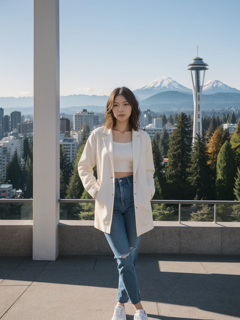 her name is Asako, high quality, 1girl, ((20-year-old fit Caucasian woman)), ((20 years old)), ((slim)), ((Wavy Bob)), pose: standing, wearing stylish fashionable Generation-Z modern wear different colored, BACKGROUND: At Kerry Park, with panoramic views of the Space Needle, downtown skyline, and Mount Rainier in the distance.
