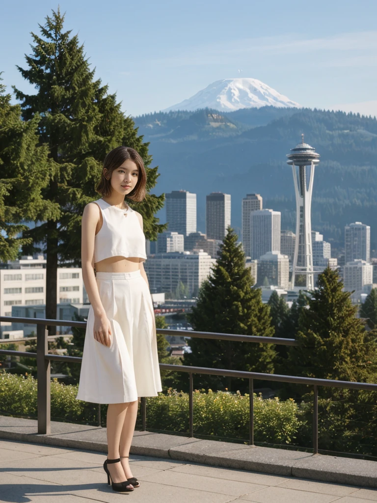 her name is Asako, high quality, 1girl, ((20-year-old fit Caucasian woman)), ((20 years old)), ((slim)), ((Wavy Bob)), pose: standing, wearing stylish fashionable Generation-Z modern wear different colored, BACKGROUND: At Kerry Park, with panoramic views of the Space Needle, downtown skyline, and Mount Rainier in the distance.