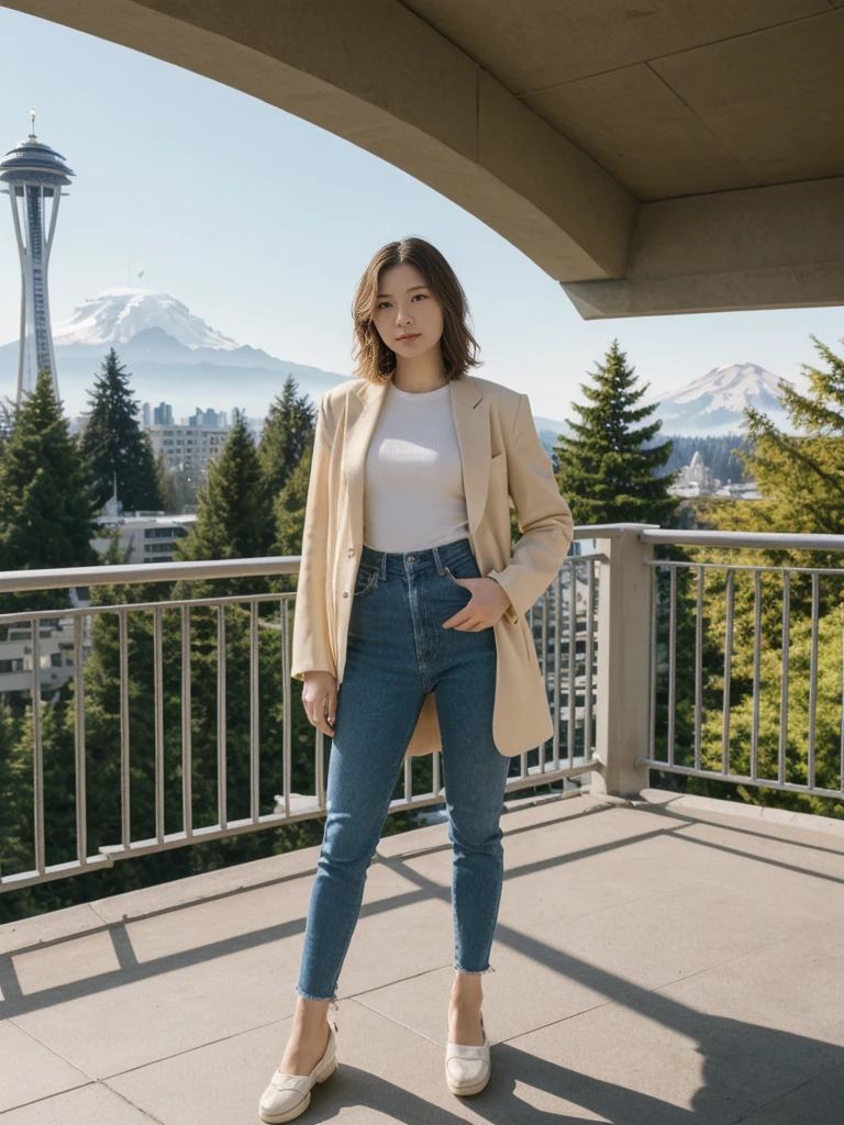 her name is Asako, high quality, 1girl, ((20-year-old fit Caucasian woman)), ((20 years old)), ((slim)), ((Wavy Bob)), pose: standing, wearing stylish fashionable Generation-Z modern wear different colored, BACKGROUND: At Kerry Park, with panoramic views of the Space Needle, downtown skyline, and Mount Rainier in the distance.