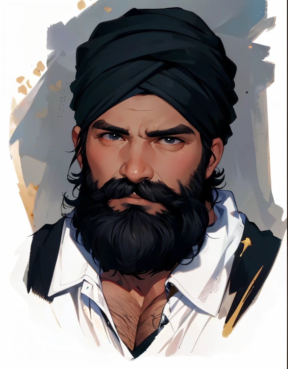 Masterpiece, Best Quality, Ultra-Detailed, 1man, mature male, rugged man, strong, hunk, turban, blue turban, dark blue turban, black beard, thick beard, long beard, stubble, Medium Close-up, Masculine, 45yo middle-aged, 1man, dg_Mark, encouraging facial expression, muscular, dad bod, social shirt, white shirt, black cloak