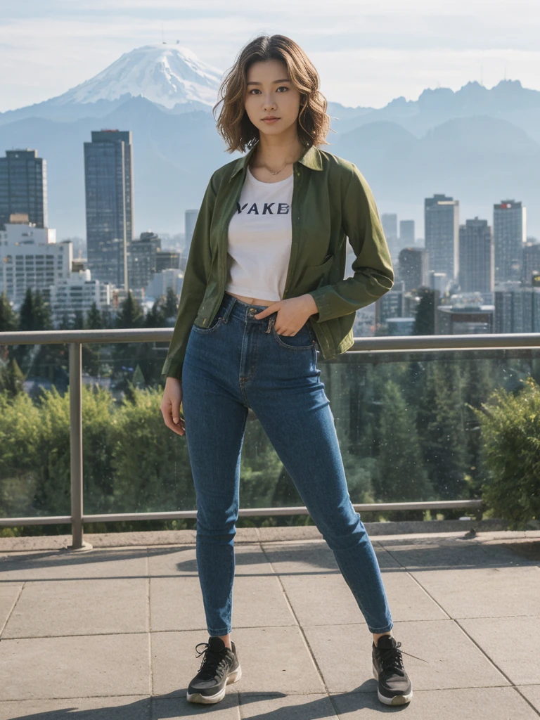 her name is Asako, high quality, 1girl, ((20-year-old fit Caucasian woman)), ((20 years old)), ((slim)), ((Wavy Bob)), pose: standing, wearing stylish fashionable Generation-Z modern wear different colored, BACKGROUND: At Kerry Park, with panoramic views of the Space Needle, downtown skyline, and Mount Rainier in the distance.
