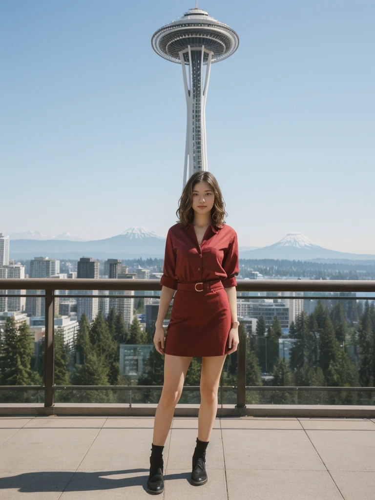 her name is Asako, high quality, 1girl, ((20-year-old fit Caucasian woman)), ((20 years old)), ((slim)), ((Wavy Bob)), pose: standing, wearing stylish fashionable Generation-Z modern wear different colored, BACKGROUND: At Kerry Park, with panoramic views of the Space Needle, downtown skyline, and Mount Rainier in the distance.
