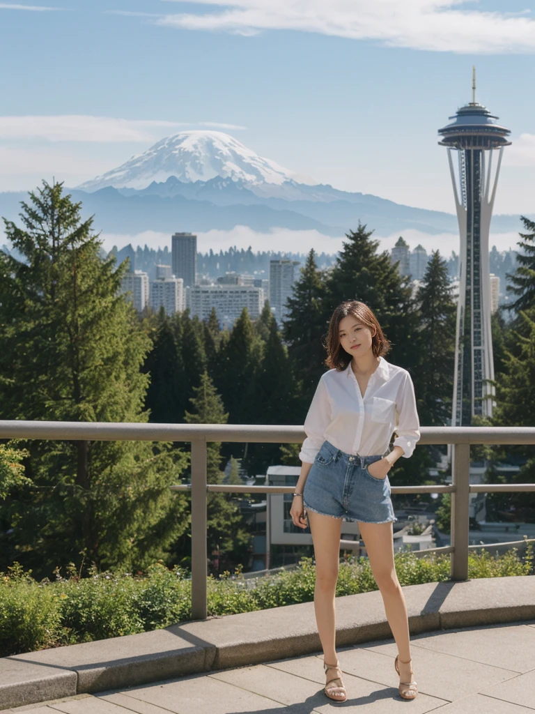 her name is Asako, high quality, 1girl, ((20-year-old fit Caucasian woman)), ((20 years old)), ((slim)), ((Wavy Bob)), pose: standing, wearing stylish fashionable Generation-Z modern wear different colored, BACKGROUND: At Kerry Park, with panoramic views of the Space Needle, downtown skyline, and Mount Rainier in the distance.
