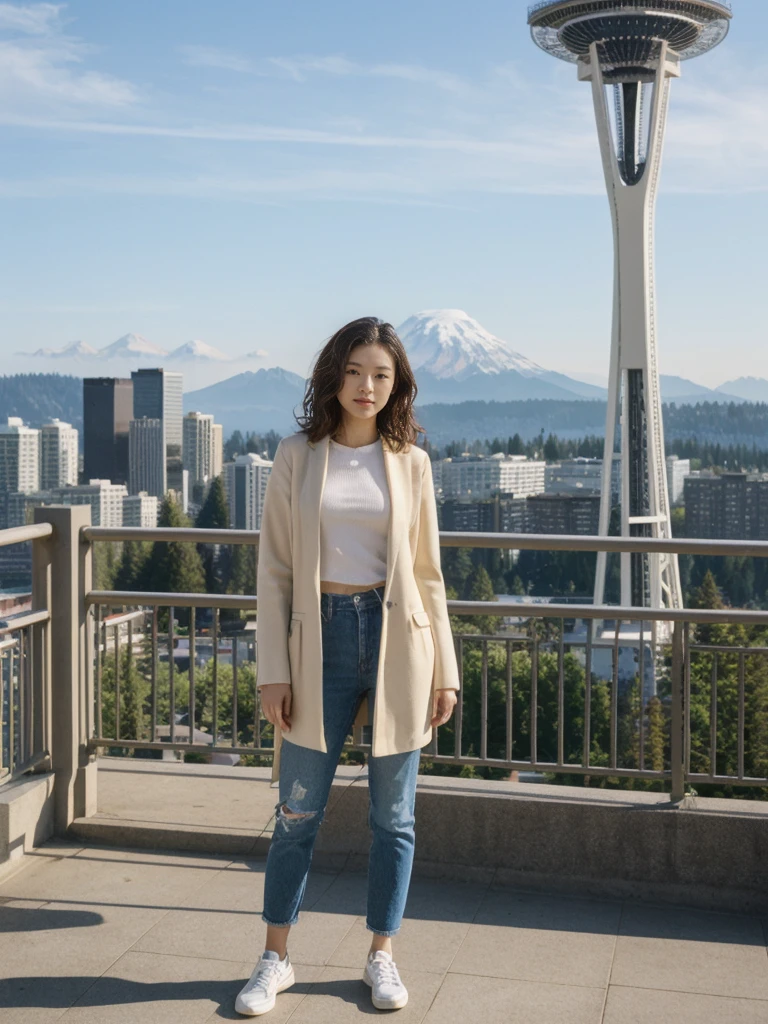 her name is Asako, high quality, 1girl, ((20-year-old fit Caucasian woman)), ((20 years old)), ((slim)), ((Wavy Bob)), pose: standing, wearing stylish fashionable Generation-Z modern wear different colored, BACKGROUND: At Kerry Park, with panoramic views of the Space Needle, downtown skyline, and Mount Rainier in the distance.