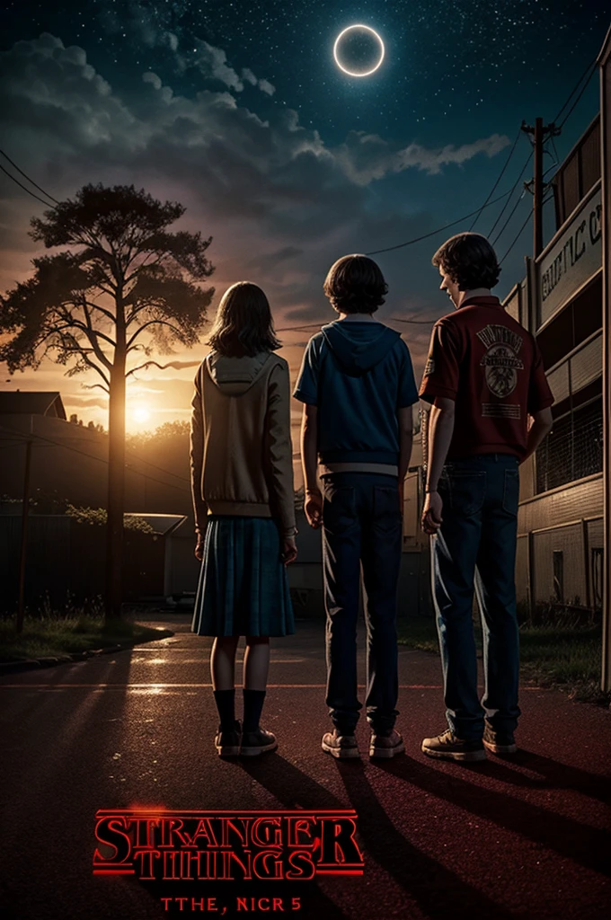 a stranger things 5 logo where Will appears, Once, mike, Nancy, dustin, Luka and Joyce seeing the devastated city