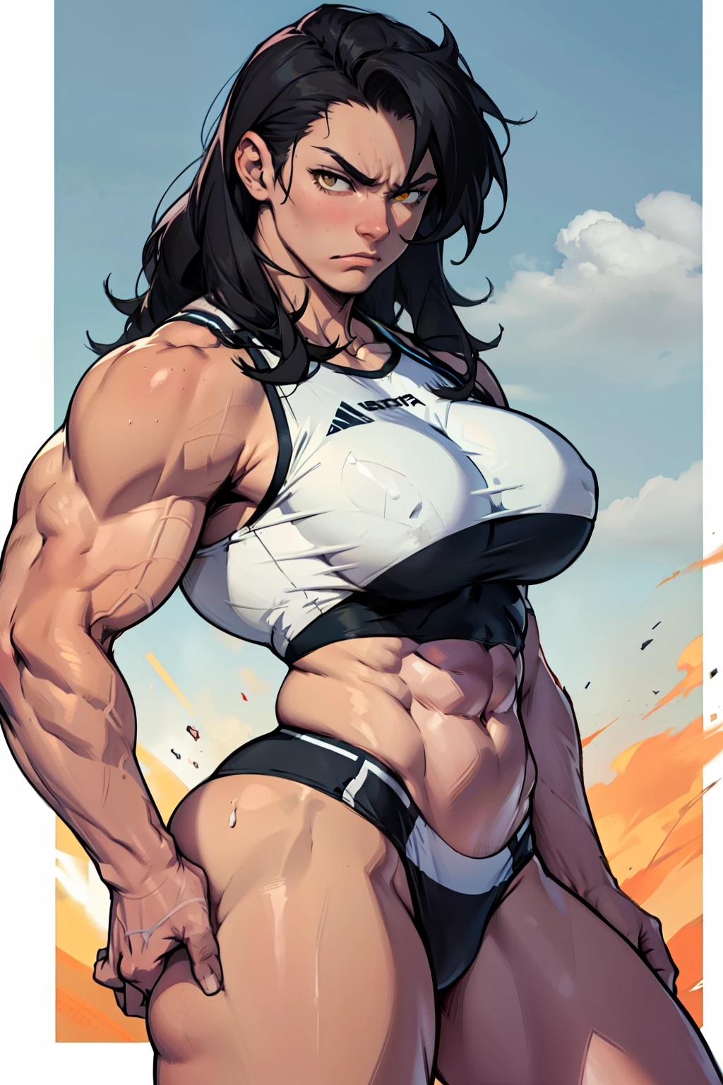 muscular girl large breasts thick thick thick thick thick black hair yellow eyes pale skin disappointed frown athletic female
