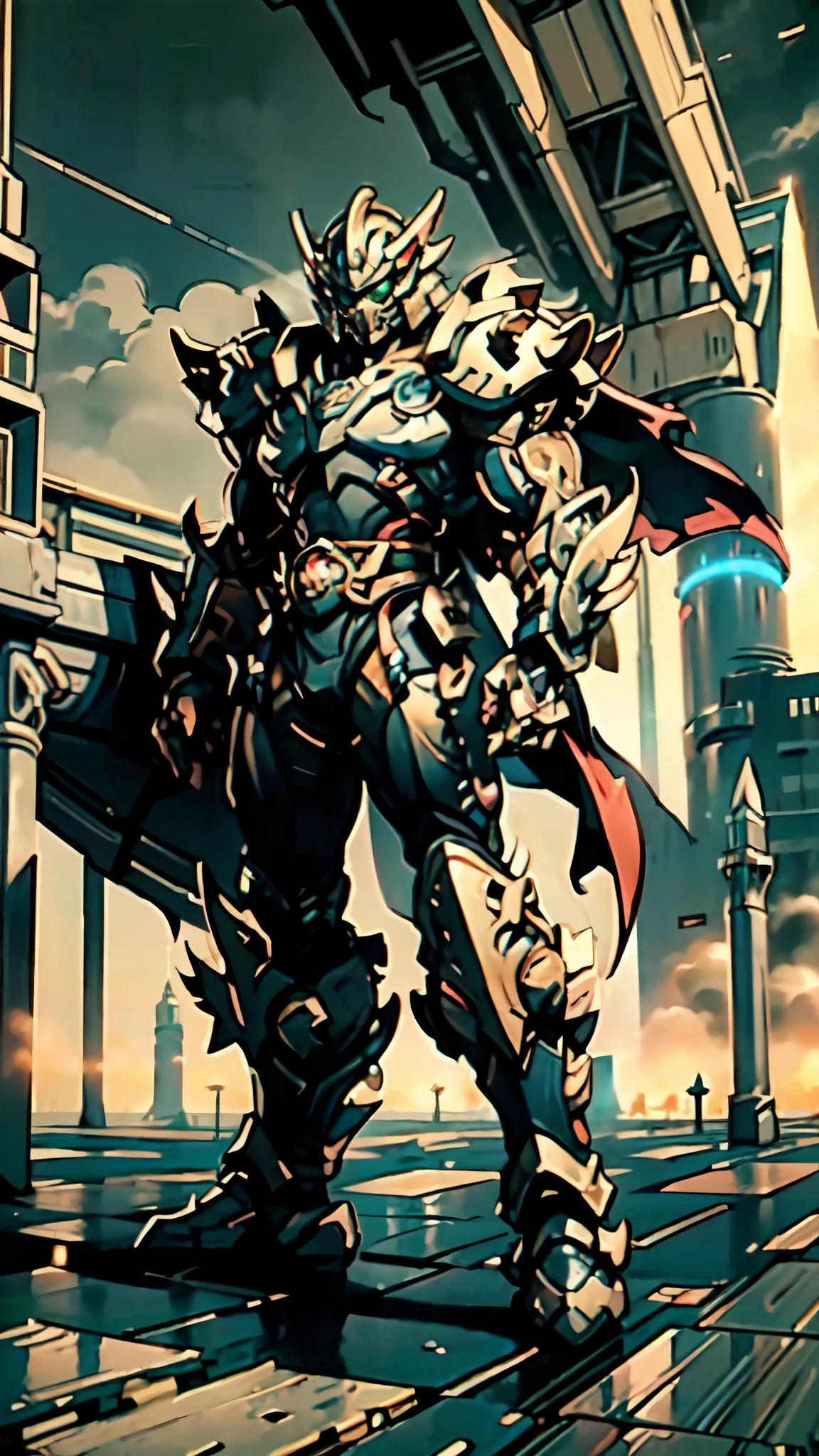 (masterpiece:1.5, best quality:1.5, extremely delicate:1.5, perspective:1.5, foreshortening:1.5, dynamic angle:1.5), a man wearing a full-face helmet, a fantasy-style biotech armored combat suit, green eyes, (a composite layered chest armor), fully enclosed shoulder guards, matching arm and leg guards, the belt is adorned with fangs biting into orbs, (the color scheme is primarily black with red accents), the design balances heavy with agility, a high-tech bio-mecha armor, (Armor Concept Inspired by Bat, stand on the top of a skyscraper in a futuristic sci-fi city), this character embodies a finely crafted fantasy-surreal style armored hero in anime style, exquisite and mature manga art style, (element, plasma, energy, the armor glows), ((male:1.5)), metallic, high definition, highres, ultra-detailed, ultra-fine painting, professional, perfect body proportions, golden ratio, anatomically correct, symmetrical face, extremely detailed eyes and face, high quality eyes, creativity, RAW photo, UHD, 32k, Natural light, cinematic lighting, masterpiece-anatomy-perfect