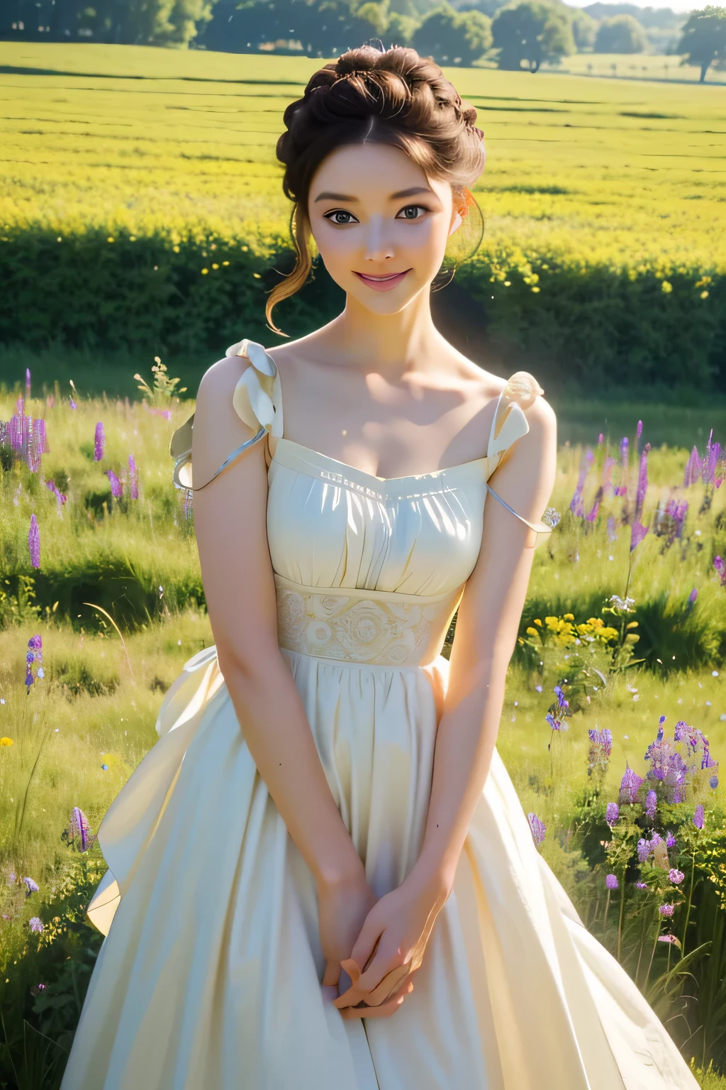 ((masterpiece, best quality))
Asa Ebi, 1 woman, alone, brown hair, green eyes, hair updo, in a wildflower field, wearing a flowing dress, smiling