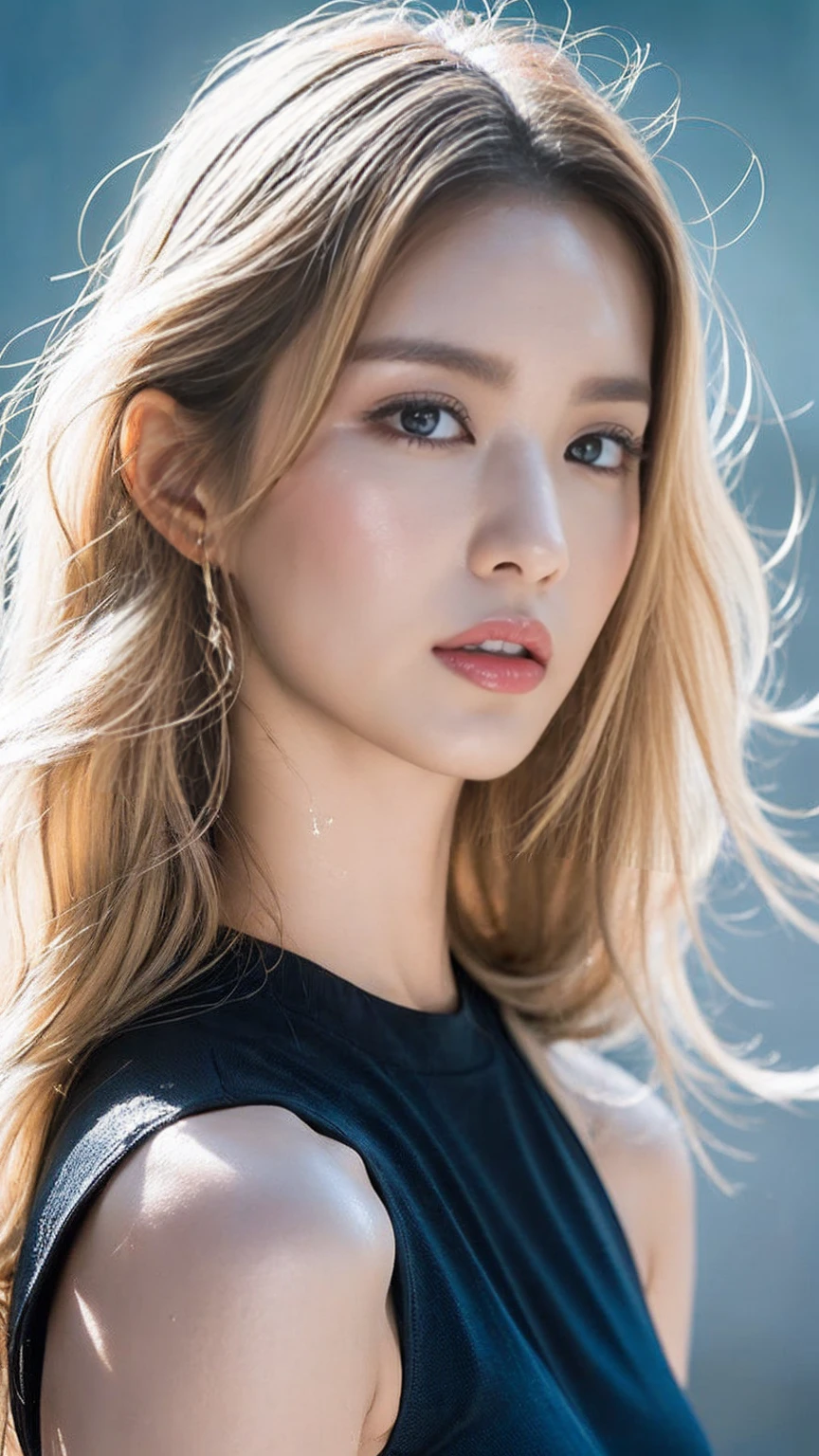 Beautiful supermodel woman with blonde hair, Hair with subtle highlights, Blue-gray eyes, Mixed Media, Wet paint, Jewel Beetle, Colored Background, The color of the liquid flowing on her face, photograph:Jinnah Chan. - At six o'clock