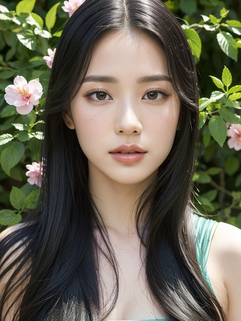 masterpiece,best quality, (photorealistic:1.5), (realskin:1.5), 1girl, BRAV5_Realisianv50_PFv30,
solo, with flowers in front, black hair, long hair, black eyes, long eyelashes, realistic, looking at the audience, lips, upper body, green plants behind
