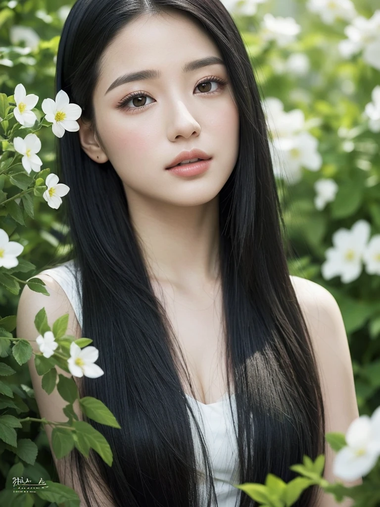 masterpiece,best quality, (photorealistic:1.5), (realskin:1.5), 1girl, BRAV5_Realisianv50_PFv30,
solo, with flowers in front, black hair, long hair, black eyes, long eyelashes, realistic, looking at the audience, lips, upper body, green plants behind
