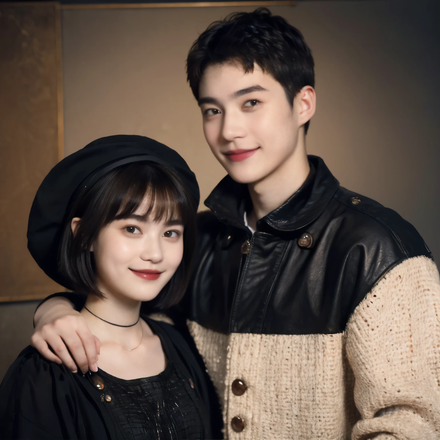252 (An 18-year-old female and an 18-year-old male), (short hair),kind, lipstick, (Rembrandt-style painting), smile