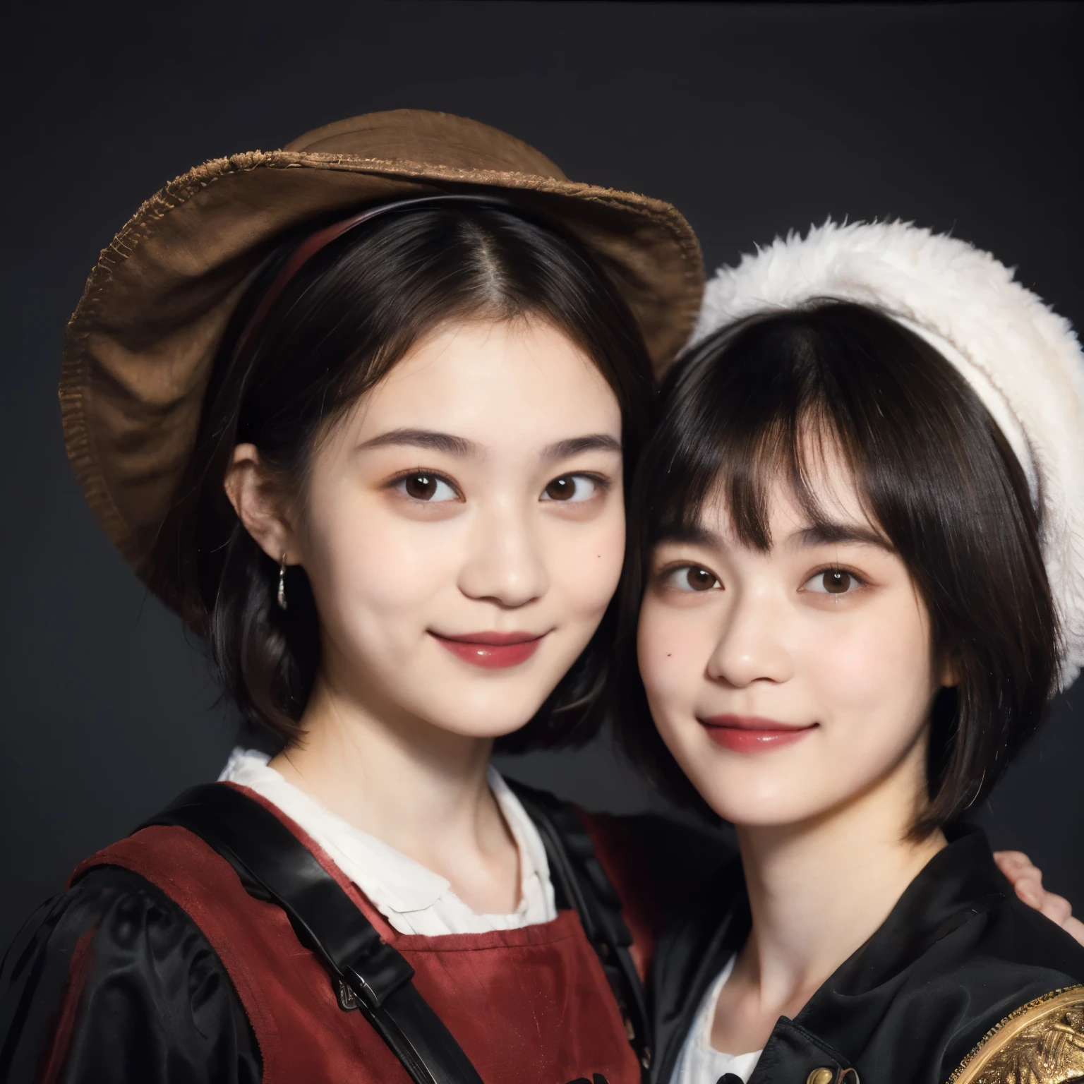 252 (An 18-year-old female and an 18-year-old male), (short hair),kind, lipstick, (Rembrandt-style painting), smile