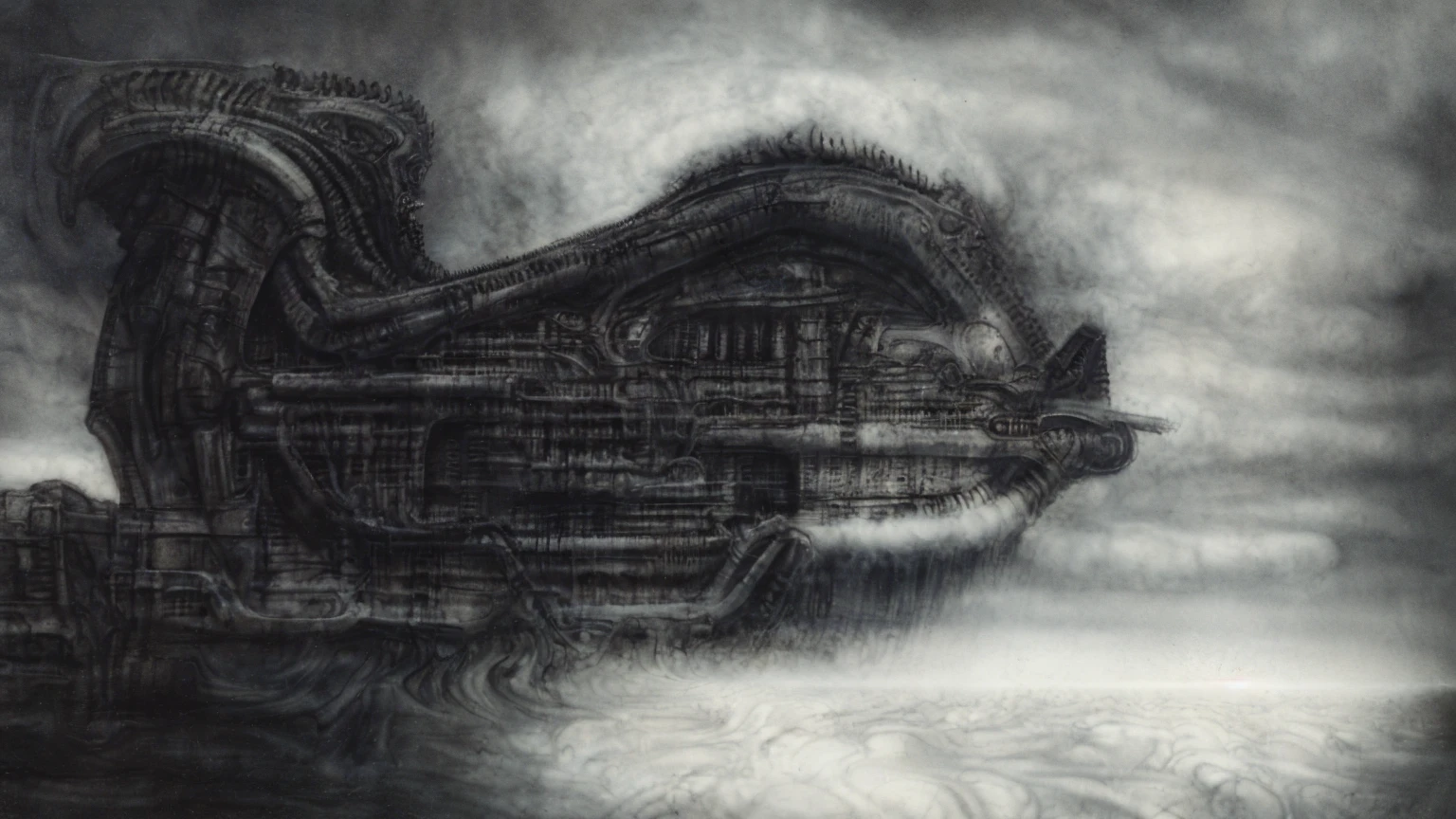 The image is a detailed view of H.R. Giger's biomechanical tableau \" Landscape XVI \" plate, featuring.
(airbrush painting, Giger's alien in front of broken alien ship in landscape, natural light, sharp focus, illustration, highly detailed, digital painting, concept art, matte, art by gric and kozhanov and moebius and Alphonse Mucha, masterpiece, HDR ,UHD , uplight, in HRGigerArhP style);1.
surrealistic painting of a monster with multiple tentacles and a body that looks like a brain, surrounded by a chaotic scene of swirling clouds and other monsters
 It's a complex network of bones and organs in eldritch color scheme:a greenish-brown hue ,swirling gery and brown colors. The artwork is silverish and green brown, with an ivory bones prominently displayed. The image is highly detailed and intricate, almost like a 3d version of a medical sketchwork.   
The piece is a tableau, most likely created with a India ink pen or pencil on paper, determined by the thin lines, shading techniques, and the texture of the paper, which is visible around the edges.
Used is pen, given the shading and variations in line weight visible in the image. Artist have used a variety of stylus with different degrees of hardness to achieve the shading effects.
 The use of undersaturated green-grays dark contrasts creates a stark and graphic look. Is used a variety of linework techniques to create different textures. Fine, parallel lines create a smooth, metallic texture,while thicker, more cursive lines suggest cables or wires.
Light source from the top highlights skeletals, pper part of foreground, lower part of image is in shadowupper part of foreground, lower part of image is in shadow.
The art performance showcases the artist’s skills in observation and rendering. The level of detail in the piece suggests a close study of real bone specimens and mechanics. The artist has skillfully used shading techniques to create a convincing illusion of three-dimensionality on a flat surface. The wrinkles 