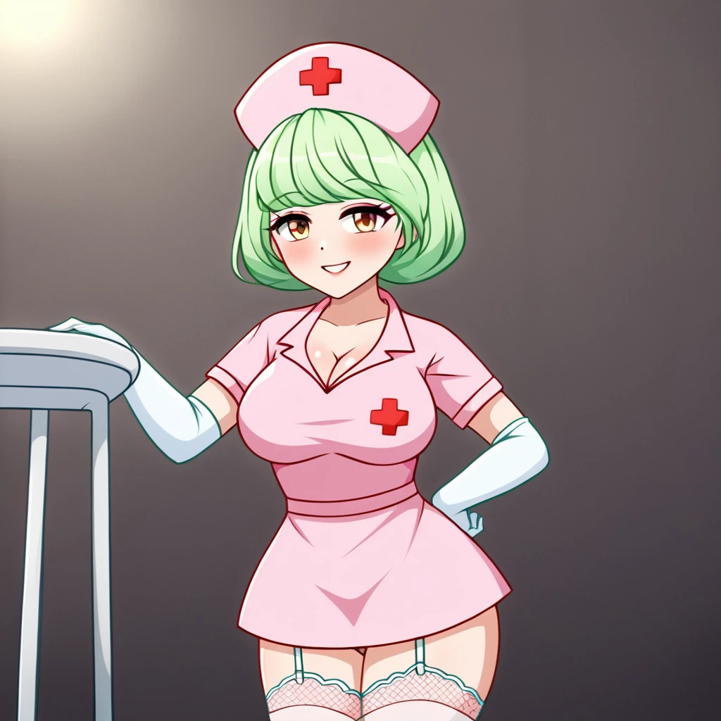 In a dimly lit hospital room, a sultry young female nurse stands out against the somber backdrop. Dressed in lacy lingerie, thigh-high stockings, and a nurse's cap, she exudes seductive mystery. Soft, warm glow illuminates her low-cut pink top showcasing ample cleavage, while white gloves add sophistication. Her gaze invites the viewer to step into her world. Ornate medical equipment and eerie shadows hint at gothic horror elements in the background. The nurse's cap and white gloves nod to darker undertones, balancing provocative themes with elegance.