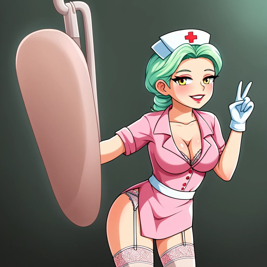 In a dimly lit hospital room, a sultry young female nurse stands out against the somber backdrop. Dressed in lacy lingerie, thigh-high stockings, and a nurse's cap, she exudes seductive mystery. Soft, warm glow illuminates her low-cut pink top showcasing ample cleavage, while white gloves add sophistication. Her gaze invites the viewer to step into her world. Ornate medical equipment and eerie shadows hint at gothic horror elements in the background. The nurse's cap and white gloves nod to darker undertones, balancing provocative themes with elegance.