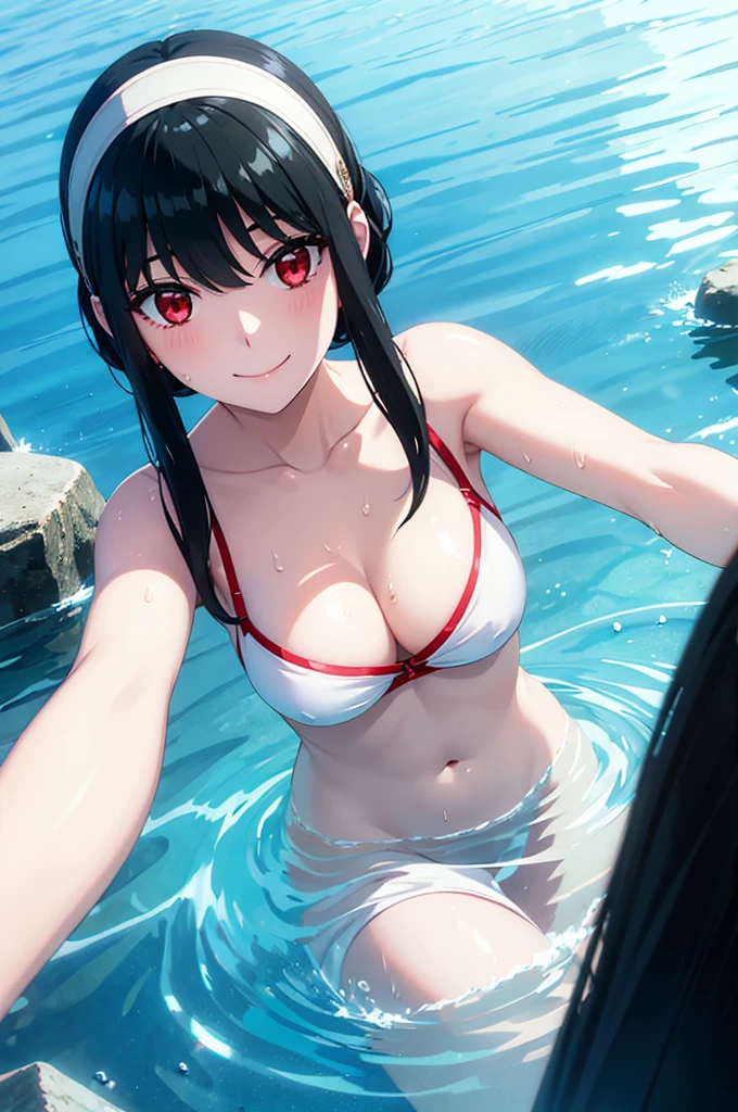 White hair band、Red eyes、Black Hair、Yor Briar、Beautiful woman swimming underwater、Light shining into the water、In the water、In the sea、Black Hair、smile、Immersed in water、Eye highlights、One Girl