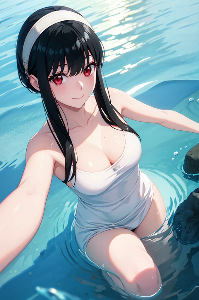 White hair band、Red eyes、Black Hair、Yor Briar、Beautiful woman swimming underwater、Light shining into the water、In the water、In the sea、Black Hair、smile、Immersed in water、Eye highlights、One Girl