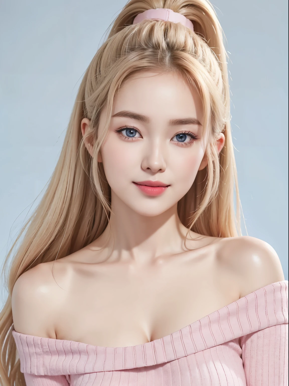 (Best quality, masterpiece, detailed), (RAW, 4k, hd images), 1 girl, , white skin, long hair, ponytail, layers hair, long bangs beetwen the eyes, bright and dazzling blonde hair, beautiful girl, cute girl, sweet girl, pretty girl, perfect girl, perfect body, pretty eyes, glowing pale blue eyes, thin lips, eye line, lip pink soft, huge breast, simple background, smile, off shoulder sweater, upper waist body, modeling pose, free style pose, random angle capture, cleavage