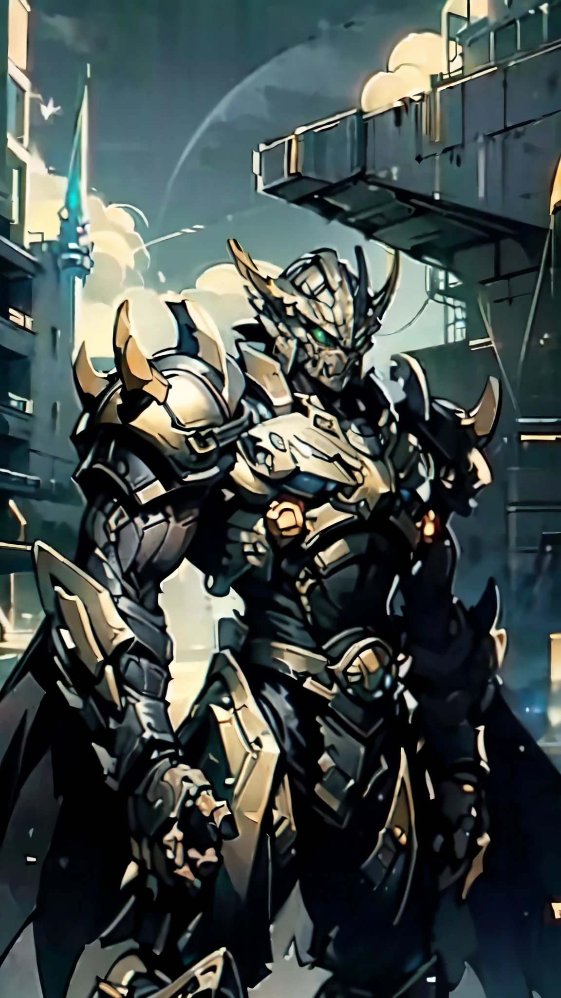 (masterpiece:1.5, best quality:1.5, extremely delicate:1.5, perspective:1.5, foreshortening:1.5, dynamic angle:1.5), a man wearing a full-face helmet, a fantasy-style biotech armored combat suit, green eyes, (a composite layered chest armor), fully enclosed shoulder guards, matching arm and leg guards, the belt is adorned with fangs biting into orbs, (the color scheme is primarily black with red accents), the design balances heavy with agility, a high-tech bio-mecha armor, (Armor Concept Inspired by Bat, stand on the top of a skyscraper in a futuristic sci-fi city), this character embodies a finely crafted fantasy-surreal style armored hero in anime style, exquisite and mature manga art style, (element, plasma, energy, the armor glows), ((male:1.5)), metallic, high definition, highres, ultra-detailed, ultra-fine painting, professional, perfect body proportions, golden ratio, anatomically correct, symmetrical face, extremely detailed eyes and face, high quality eyes, creativity, RAW photo, UHD, 32k, Natural light, cinematic lighting, masterpiece-anatomy-perfect