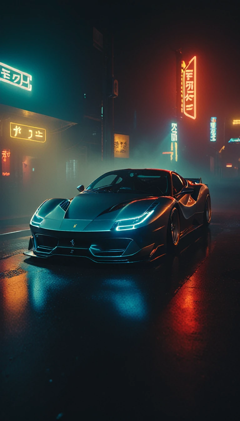(intrincated details:1.5), (photorealistic), (masterpiece), (photography),  cinematic lighting, (hyperrealistic:1.2), 8K, 300mm
vehicle focus, cyberpunk ferrari car, cyberpunk alley, ground vehicle, motor vehicle, , scenery, solo, night time, wide tyres, autonomous vehicle,(car led lights), steam coming out of the exhausts, (lens flare, film noise, diffused glow.1.5), (reflections and shine:1.5), (diffraction and chromatic aberration:1.5), (without license plate), (extremely shiny car paint), (tires with a lot of negative camber), Drone Cars, simetric design
sparks floating, (dust and scratches film:1.2), (vintage color grading:1.3), dense environment, (old photo style)
 SK_ANALOGFILM 
