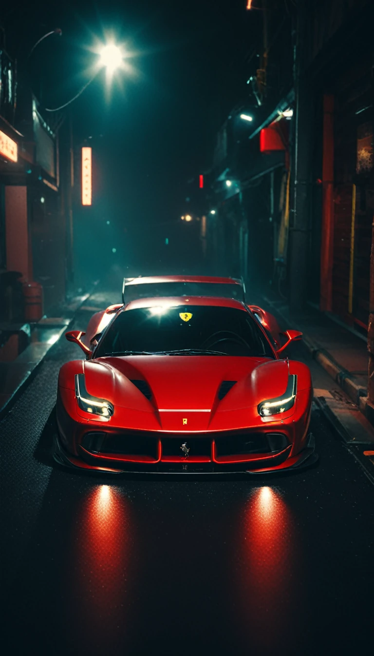 (intrincated details:1.5), (photorealistic), (masterpiece), (photography),  cinematic lighting, (hyperrealistic:1.2), 8K, 300mm
vehicle focus, cyberpunk ferrari car, cyberpunk alley, ground vehicle, motor vehicle, , scenery, solo, night time, wide tyres, autonomous vehicle,(car led lights), steam coming out of the exhausts, (lens flare, film noise, diffused glow.1.5), (reflections and shine:1.5), (diffraction and chromatic aberration:1.5), (without license plate), (extremely shiny car paint), (tires with a lot of negative camber), Drone Cars, simetric design
sparks floating, (dust and scratches film:1.2), (vintage color grading:1.3), dense environment, (old photo style)
 SK_ANALOGFILM 