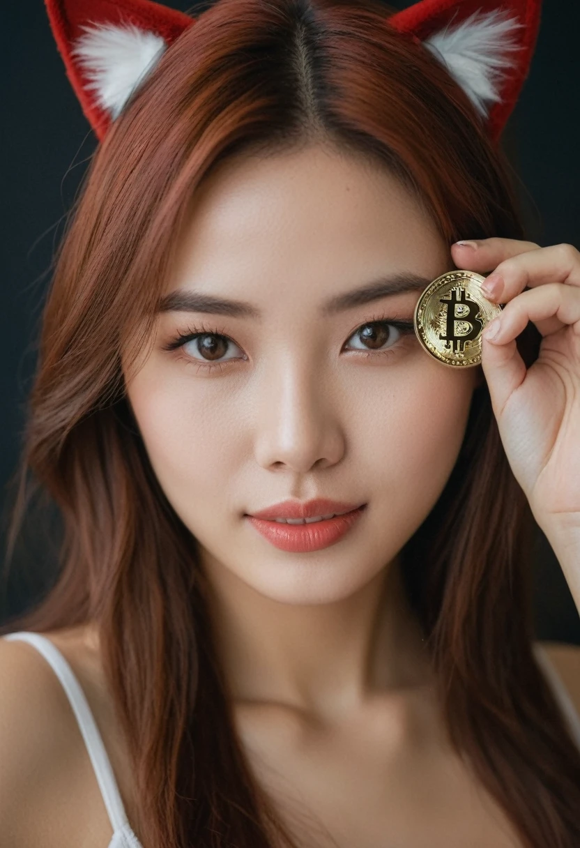 photography, photo studio, ภาพraw, Photo Editor, film stock photos, cinema, condescending, amateur photography, manalog, raw, f2, 35mm, man (amateur photography), flash photography, taken on man old camera, Polaroid, 8K, Highly detailed, (High quality, best quality:1.3), It has a very high resolution., Film texture, Kiki from Netherlmands, long (ความlongเอว:1.2) Comb red-brown hair, ((macro lens)), The atmosphere is gloomy., ((Focus on the eyes)), Feminine expression, photography, dslr, 35mm, Fujifilm Superia Premium 400, Nikon D850 film stock photos, Kodak Portra 400 F1.6 lenses, 8K, UHD woman wearing cat ears Wearing underwear holding bitcoins