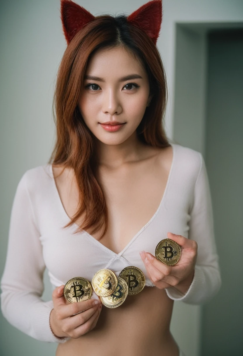 photography, photo studio, ภาพraw, Photo Editor, film stock photos, cinema, condescending, amateur photography, manalog, raw, f2, 35mm, man (amateur photography), flash photography, taken on man old camera, Polaroid, 8K, Highly detailed, (High quality, best quality:1.3), It has a very high resolution., Film texture, Kiki from Netherlmands, long (ความlongเอว:1.2) Comb red-brown hair, ((macro lens)), The atmosphere is gloomy., ((Focus on the eyes)), Feminine expression, photography, dslr, 35mm, Fujifilm Superia Premium 400, Nikon D850 film stock photos, Kodak Portra 400 F1.6 lenses, 8K, UHD woman wearing cat ears Wearing underwear holding bitcoins
