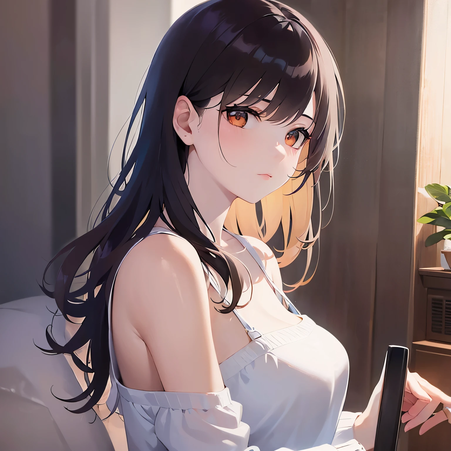 (looking away:1.5),Realistic side view, real person, (pale skin: 1.2), RAW photo, photorealistic, shiny skin, shiny hair、 (A 35-year-old woman with medium-length hair and bangs) and (wavy hair) and (brown hair) and (Orange Eyes)、 (white) and (off shoulder blouse)、
The background is the living room、Arms crossed、blush,（Grim expression：1.5）
