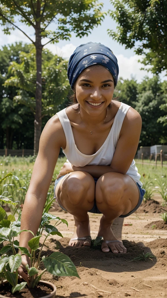 The image depicts a vibrant and cheerful scene of a person actively engaged in a tree planting initiative. The foreground features an individual holding a small plant, smiling and dressed in a white headwrap and sleeveless shirt. In the background, there is a vast field filled with numerous potted plants, illustrating a large-scale planting effort. The temperature icon at 50°C suggests a hot climate, while the text "100000 TREE'S" with an arrow emphasizes the planting of a hundred thousand trees. The clear sky indicates a sunny day. Overall, the image conveys a positive and enthusiastic message about a significant tree planting project in challenging weather conditions.