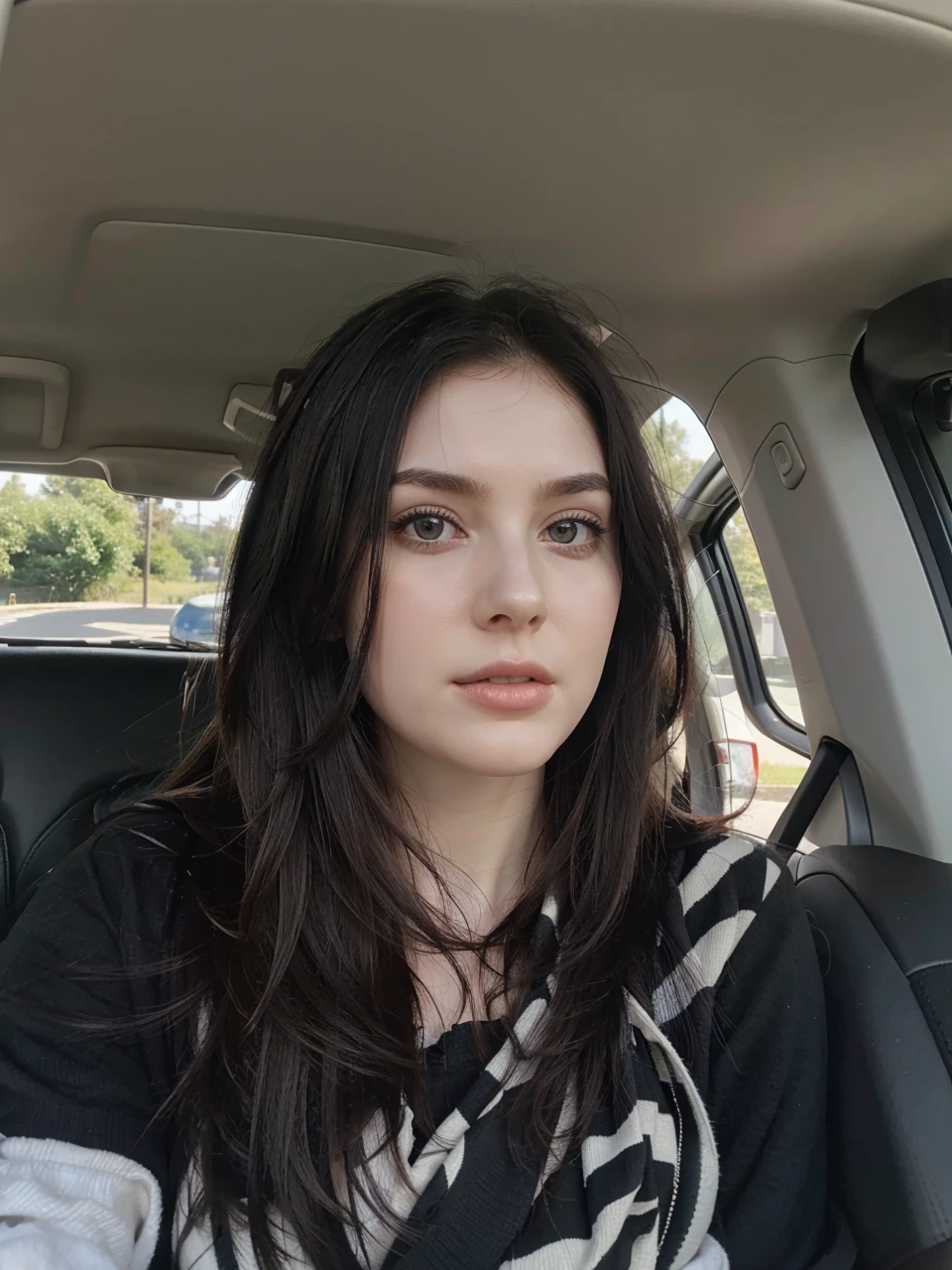 Pale skin, black hair, large breasts, driving