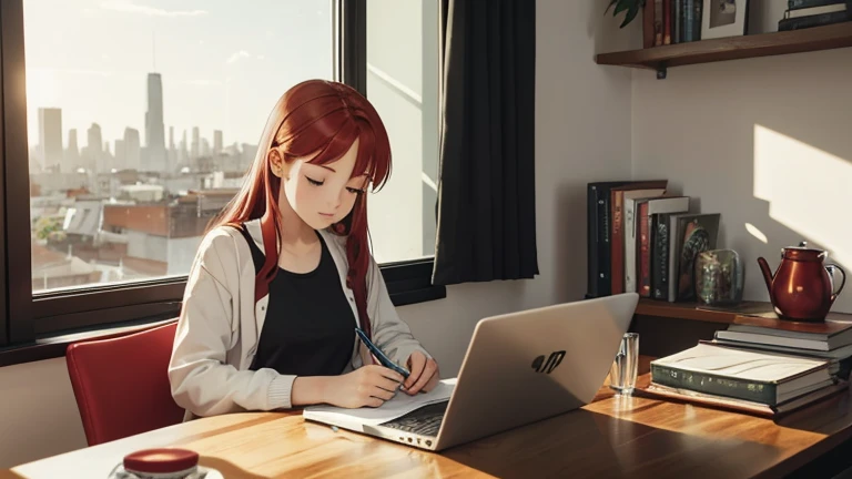 Kizi, 18-years old, red hair, greeneyes, estilo rebelde, writing in notebook on your study table, in your room, next to large window overlooking the city. On the table there are 2 books and a cup of tea, her little cat and on the shelf with books there is a small vase with flowers.