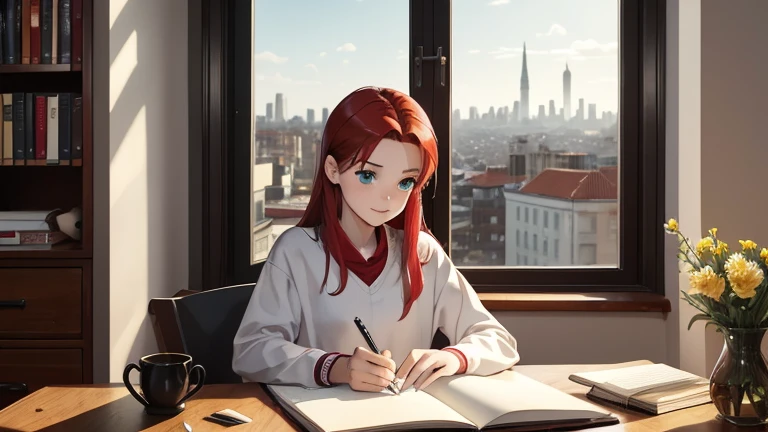 Kizi, 18-years old, red hair, greeneyes, estilo rebelde, writing in notebook on your study table, in your room, next to large window overlooking the city. On the table there are 2 books and a cup of tea, her little cat and on the shelf with books there is a small vase with flowers.