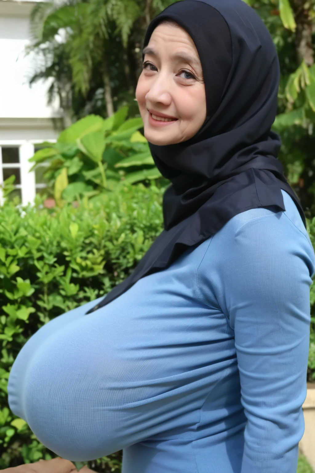 (Oldlady:1.8), Chubby adorable, 1 girl, (face to face), , baby face, happy, half body portrait, (face details: 1), (eye details: 1), ((big breasts)transparent transparency soft soft long shirt, hijab, .. Cute posed. proportional body. Ultra High Res. realistic: 1.4, UHD, (floral pattern), view from side seductive pose 
