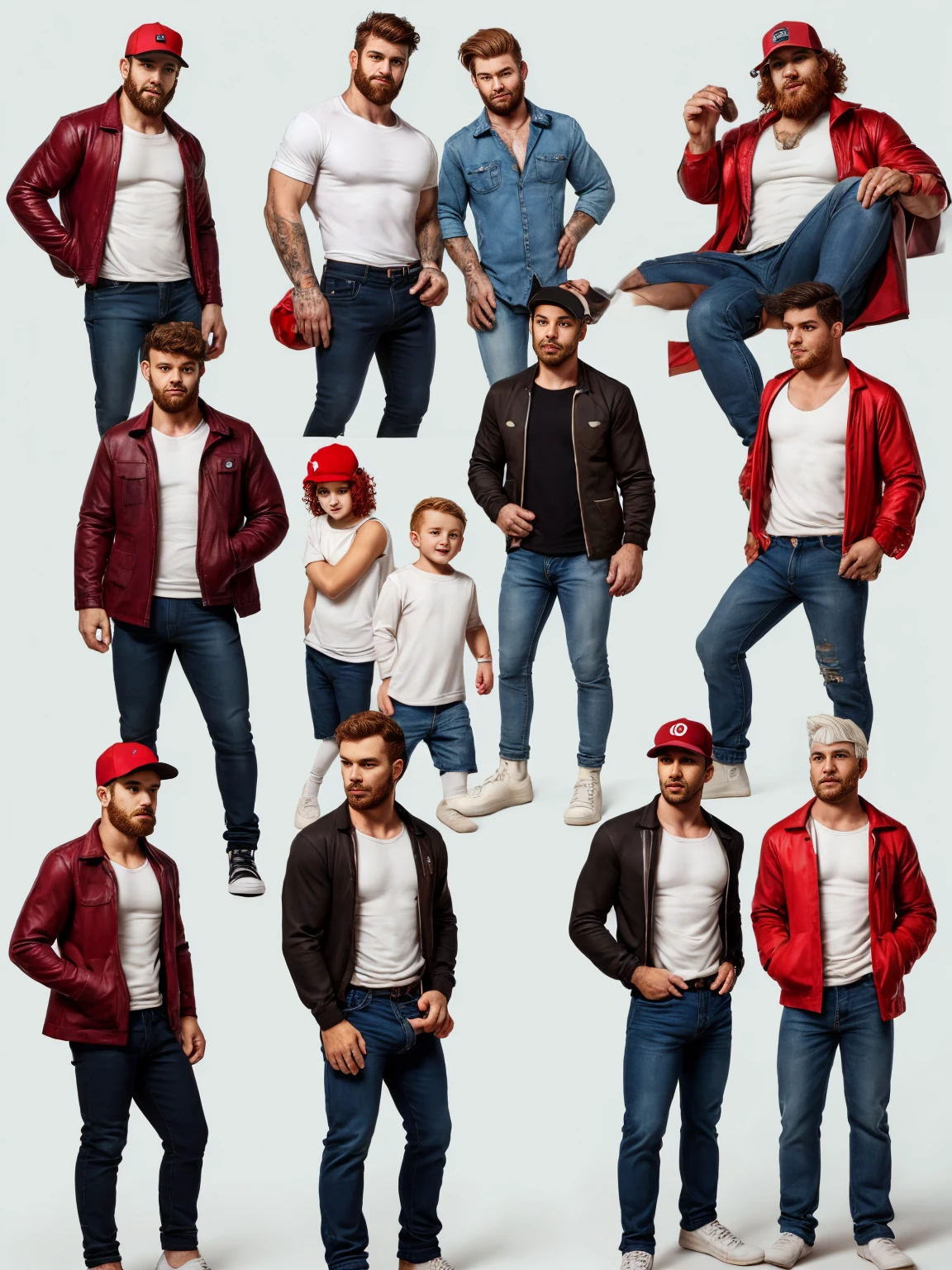 massive erect cock penis american redhead orgy character sheet, pale white male with very curly short redhair and beard, red baseball cap, black and red utility jacket, high quality, handsome, light blue bootcut jeans penis, mild body hair, messy look, rugged, different facial expressions, full body, white undershirt, white socks, loose clothing, young boys kids childs
