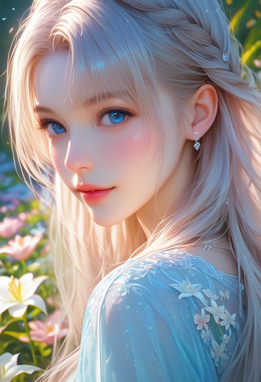 score_9, score_8_up, score_7_up, Girl's profile picture, light blue long hair with bangs, light blue petals on cheeks, realistic skin texture, detailed picture, close-up, HD32k) Lily, a beautiful blond girl with very long hair and sparkling blue eyes, sits on the porch of her countryside home. She wears a light blue dress adorned with small flowers. The garden around her is filled with colorful flowers and lush green grass.