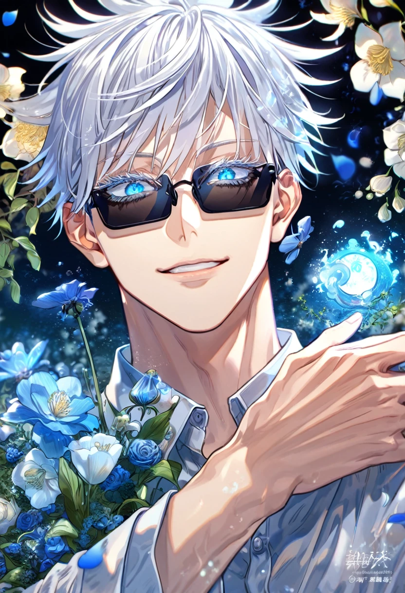 absurdres, highres, ultra detailed, HDR, master piece, Gojou Satoru, white hair, expressive blue eyes, white eyelashes, light blue dress shirt, black rectangular sunglasses, Jujutsu Kaisen, ???? man, handsome, best quality, blue moon, flowers, fantasy, magical, solo, water, blue shining fireflies, blue petals, handsome smile