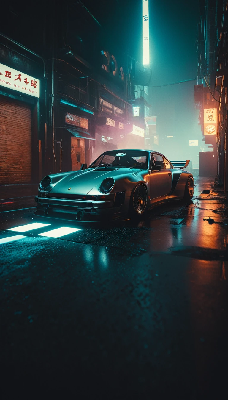 (intrincated details:1.5), (photorealistic), (masterpiece), (photography),  cinematic lighting, (hyperrealistic:1.2), 8K, 300mm
vehicle focus, cyberpunk porsche car, cyberpunk alley, ground vehicle, motor vehicle, , scenery, solo, night time, wide tyres, autonomous vehicle,(car led lights), steam coming out of the exhausts, (lens flare, film noise, diffused glow.1.5), (reflections and shine:1.5), (diffraction and chromatic aberration:1.5), (without license plate), (extremely shiny car paint), (tires with a lot of negative camber), Drone Cars, simetric design
sparks floating, (dust and scratches film:1.2), (vintage color grading:1.3), dense environment, (old photo style)
 SK_ANALOGFILM 