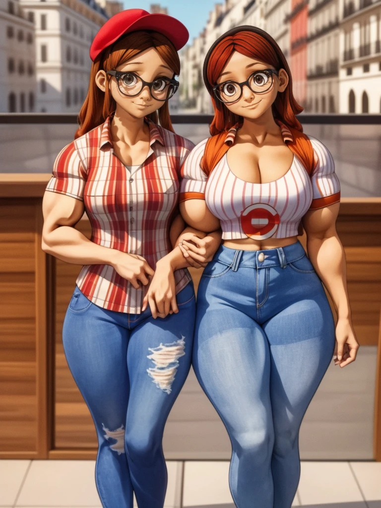 (masterpiece, best quality:1.2), A couple , boy Nino Lahiffe: Brown skin, dark hair, usually seen wearing a red cap, glasses, and casual clothing like a T-shirt and jeans, and a girl Alya Césaire: Brown skin, curly dark brown hair, often wears glasses, and typically seen in stylish, casual outfits. A casual day out with both characters in their everyday attire,Sharing a tender moment, like sitting on a rooftop overlooking Paris..(girl and boy:1), smiling, ((high resolution illustration)), ((extremely detailed)), (couple), Alya, Nino, Nino X Alya, (best quality,4k,8k,highres,masterpiece:1.2), ultra-detailed, realistic:1.37, HDR, studio lighting, extreme detail description, nino wearing a red cap, professional, vibrant colors, bokeh, ((muscular female bodybuilder)), detailed lips, strong embrace, romantic scene, intimate moment, intense passion, athletic bodies, fitness couple, gym background, muscular definition, sculpted muscles, sweat glistening,muscular