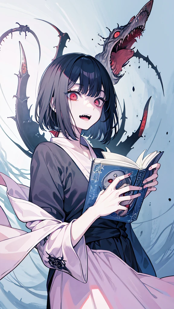 Close-up of a person holding a book with a creepy face., horror manga, horror illustration, horror wallpaper aesthetic, Junji, this work of art, horror!! Highly detailed, horror art, elegant horror artwork, ( ( ( horror art ) ) ), horror fantasy art, This is Junji&#39;s art style., detailed 4k horror artwork, nightmare illustration, horror concept art