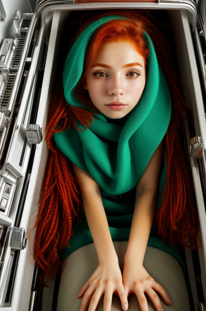 Red-haired gir sleepl inside a technological capsule of hibernation with cables and many identical capsules around her