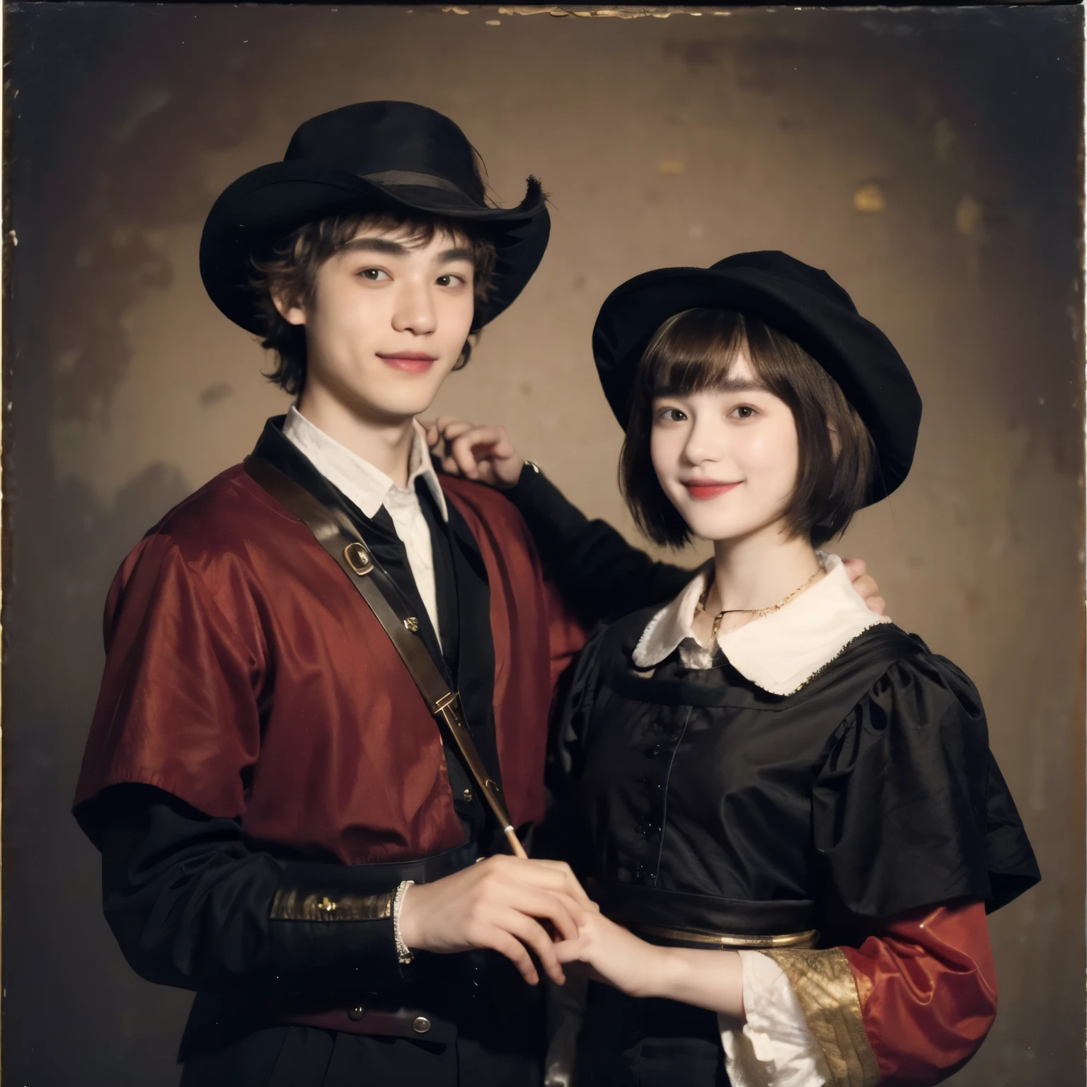 252 (An 18-year-old female and an 18-year-old male), (short hair),kind, lipstick, (Rembrandt-style painting), smile