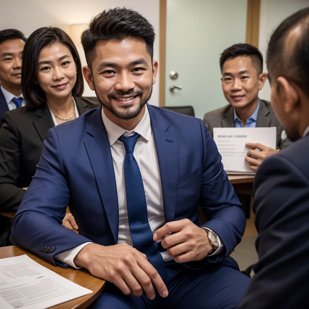 ภาพrealistic,Thai guy,Age 40,Oval face,Has a slight beard,handsome,cool,smile,Wear a dark blue suit.,Selfie,CEO,At the office,sitting in a meeting,There were approximately 20 people attending the meeting.,long conference table,Bokeh,realistically,realistic,Clear eyes,All fingers,นิ้วมือrealistically,Sharp picture.
