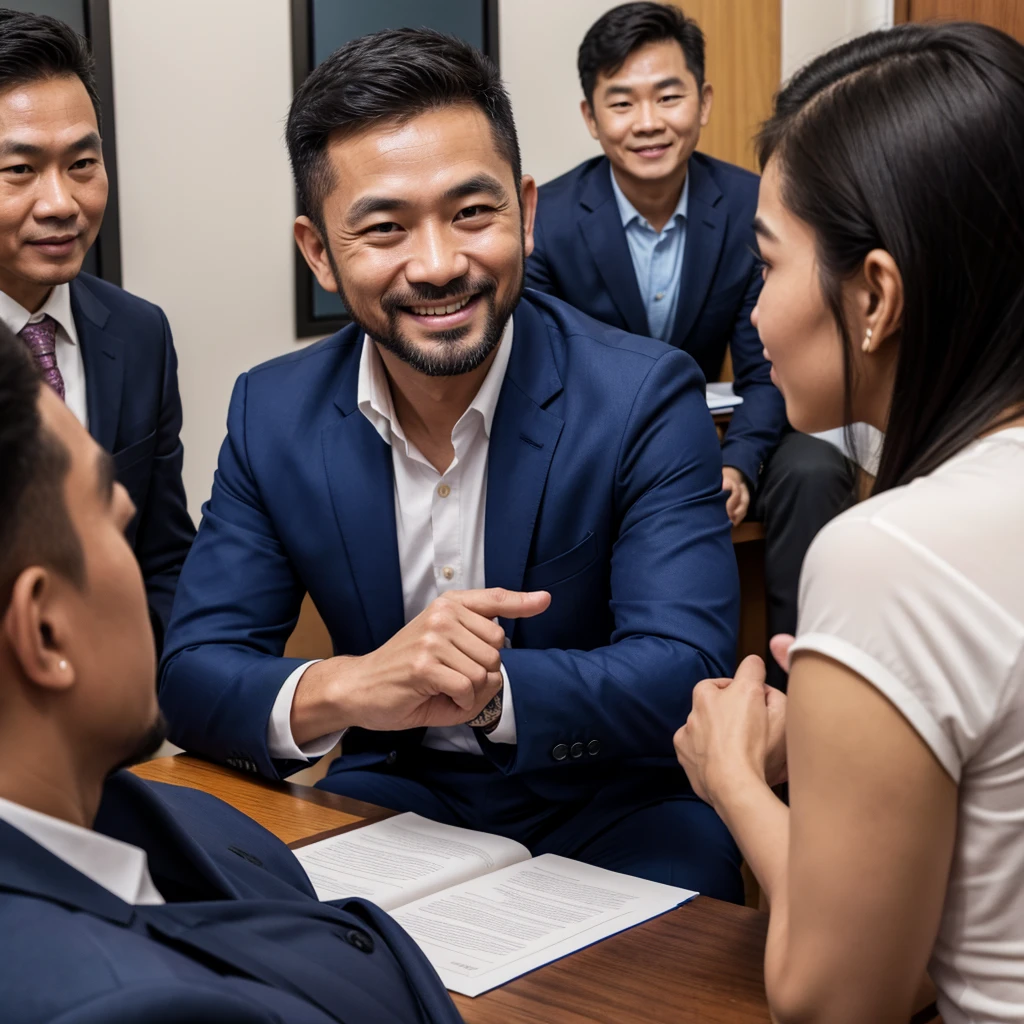 ภาพrealistic,Thai guy,Age 40,Oval face,Has a slight beard,handsome,cool,smile,Wear a dark blue suit.,Selfie,CEO,At the office,sitting in a meeting,There were approximately 20 people attending the meeting.,long conference table,Bokeh,realistically,realistic,Clear eyes,All fingers,นิ้วมือrealistically,Sharp picture.