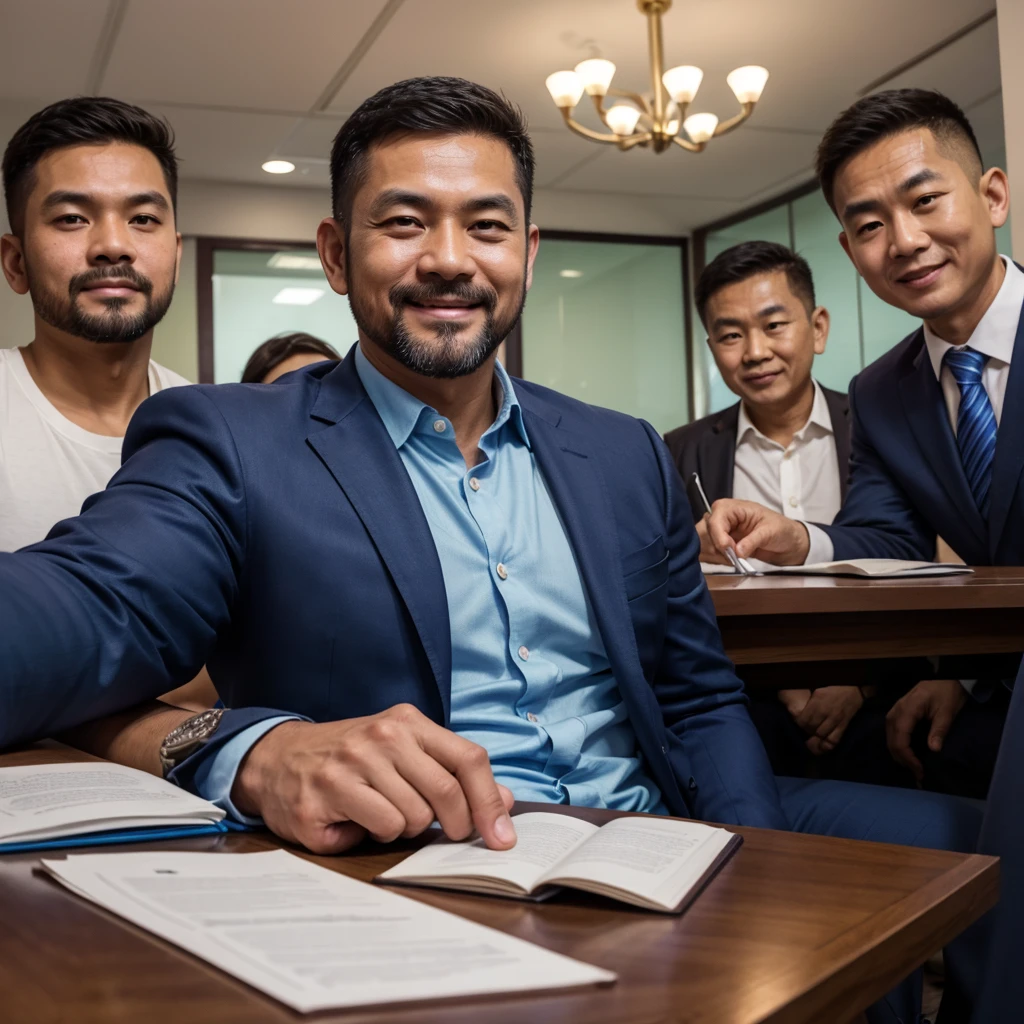 ภาพrealistic,Thai guy,Age 40,Oval face,Has a slight beard,handsome,cool,smile,Wear a dark blue suit.,Selfie,CEO,At the office,sitting in a meeting,There were approximately 20 people attending the meeting.,long conference table,Bokeh,realistically,realistic,Clear eyes,All fingers,นิ้วมือrealistically,Sharp picture.