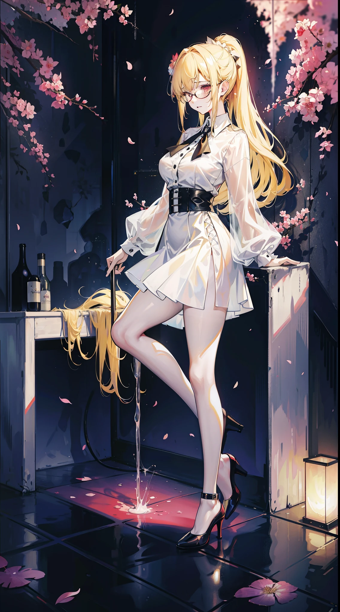Young and beautiful Kathryn Newton, Glasses, White dress shirt, great neckline, Black Mini Dress, Dark pantyhose, High balance, Surreal, , Model figure, Large Breasts, Beautiful breasts, Big Ass, Long hair, Ponytail- Horse, Blonde hair, Long legs, 8K, futuristic city, Cherry blossoms, sunrise, LED lighting, There was blood on the wall, Pool of blood, filled with human remains, Detailed reflection, Anime style, sad