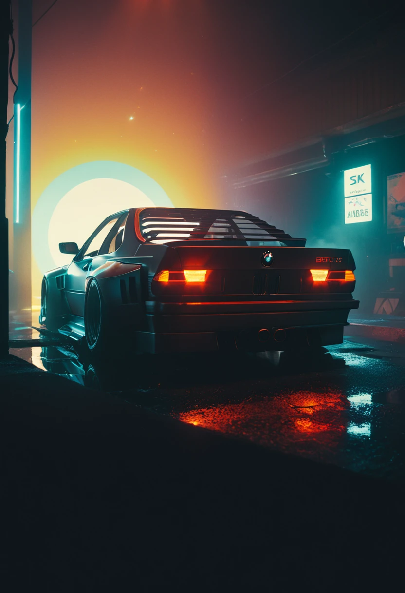 (intrincated details:1.5), (photorealistic), (masterpiece), (photography), cinematic lighting, (hyperrealistic:1.2), 8K, 300mm
vehicle focus, cyberpunk BMW 80s car, cyberpunk alley, ground vehicle, motor vehicle, , scenery, solo, night time, wide tyres, autonomous vehicle,(car led lights), steam coming out of the exhausts, (lens flare, film noise, diffused glow.1.5), (reflections and shine:1.5), (diffraction and chromatic aberration:1.5), (without license plate), (extremely shiny car paint), (tires with a lot of negative camber), Drone Cars, simetric design
sparks floating, (dust and scratches film:1.2), (vintage color grading:1.3), dense environment, (old photo style)
SK_ANALOGFILM