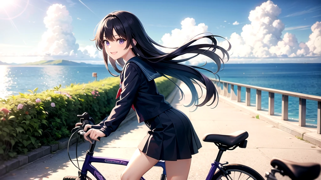 Blue-toned long-haired high school girl、Purple eyes、Sailor suit、Going to school、bicycle、Ride along the sea、smile
