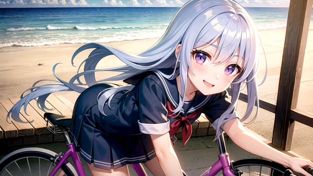 Blue-toned long-haired high school girl、Purple eyes、Sailor suit、Going to school、bicycle、Ride along the sea、smile