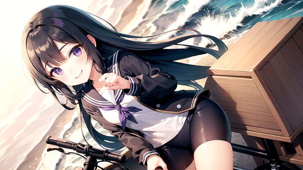 Blue-toned long-haired high school girl、Purple eyes、Sailor suit、Going to school、bicycle、Ride along the sea、smile